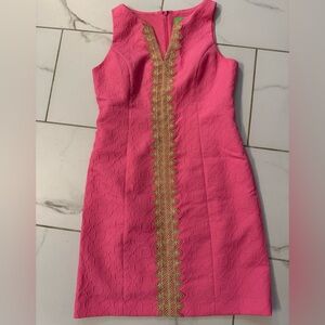 Fitted Pink Sleeveless Mini Dress with Gold Center Trim